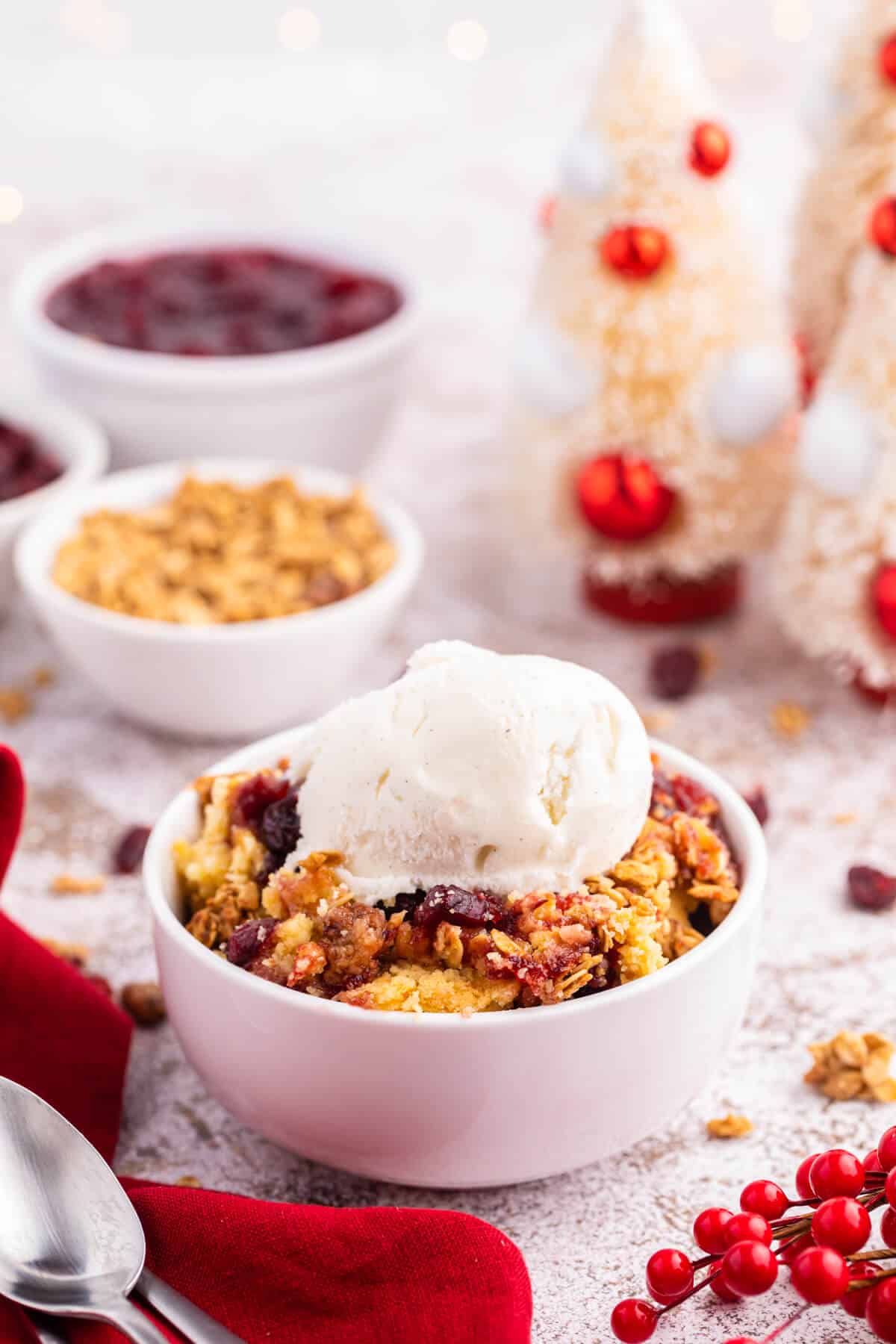 Cranberry cobbler dump cake with vanilla ice cream on top.