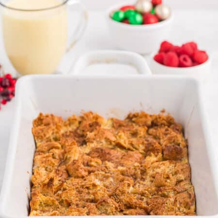 Eggnog Breakfast Casserole - Nothing says "holidays" like eggnog! This breakfast casserole is made extra special with a croissant base, a sprinkling of sweet brown sugar, cinnamon and nutmeg.