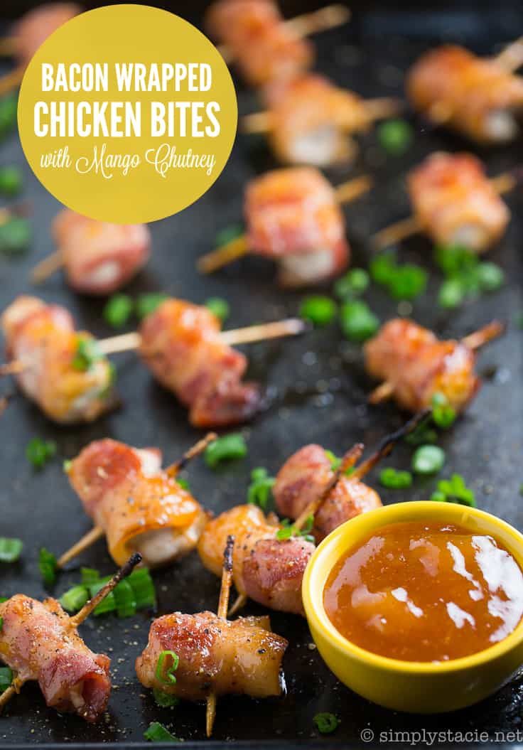 Bacon Wrapped Chicken Bites with Mango Chutney - A showstopping appetizer on a budget! Tender chicken wrapped in bacon and smothered in mango chutney for flavor on a stick.