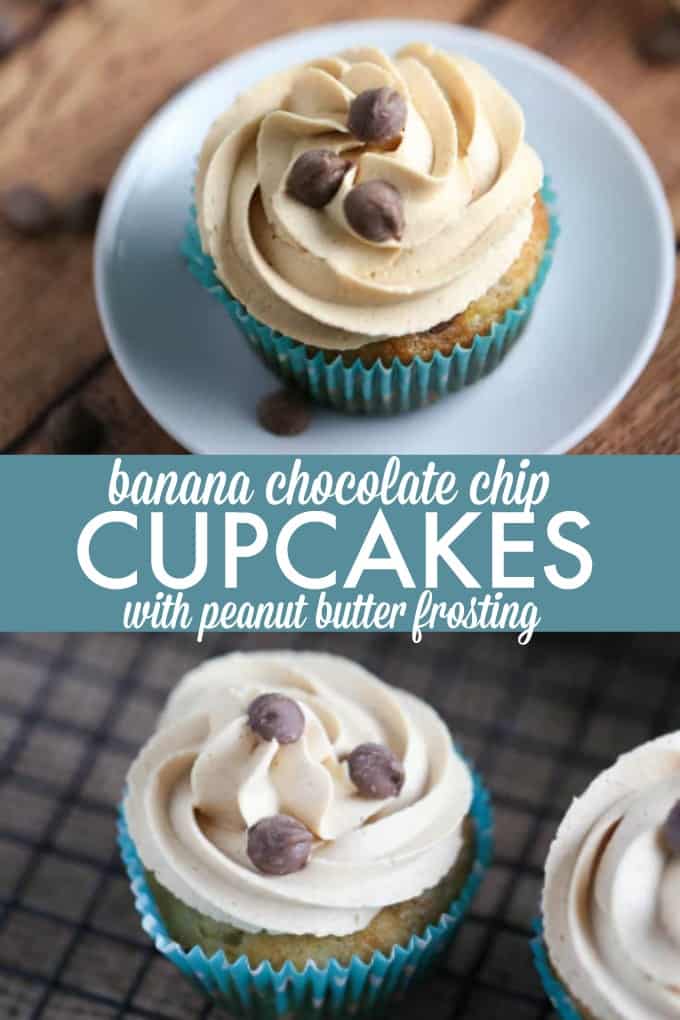 Banana Chocolate Chip Cupcakes with Peanut Butter Frosting - Bananas, peanut butter, and chocolate – oh my! These cupcakes bring the king combination for this moist dessert.