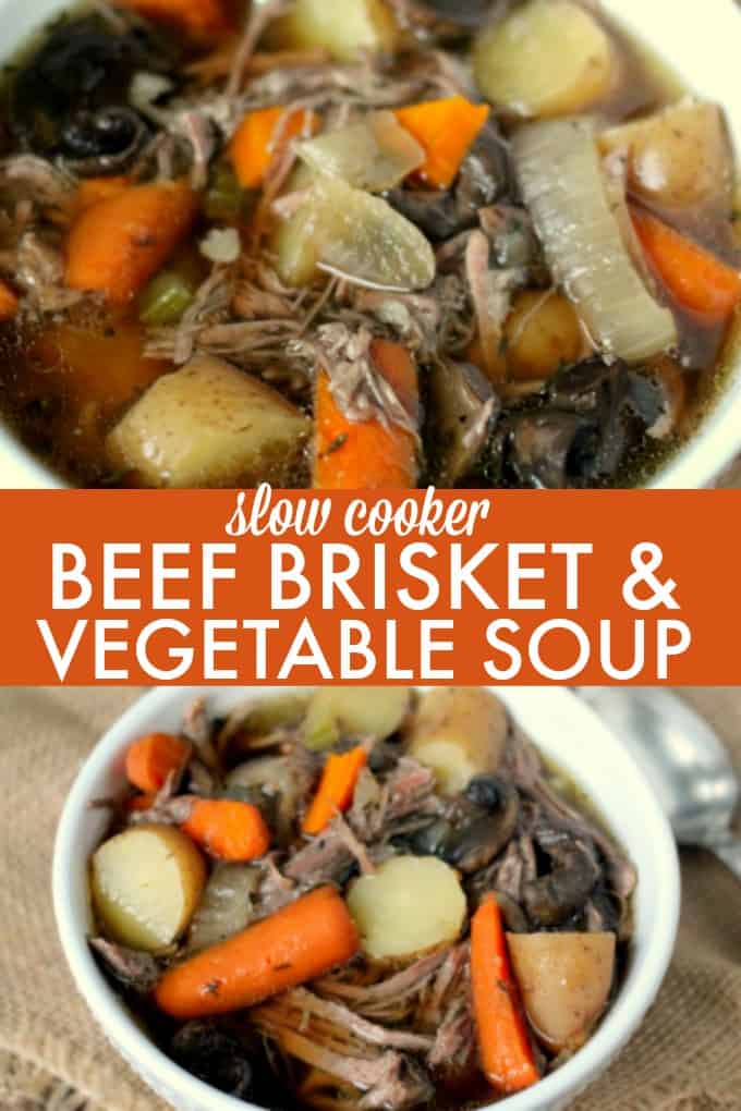 Slow Cooker Beef Brisket & Vegetable Soup - The easiest beef soup recipe! Loaded with fall-apart tender brisket, potatoes, carrots, and celery for the perfect Crockpot soup.