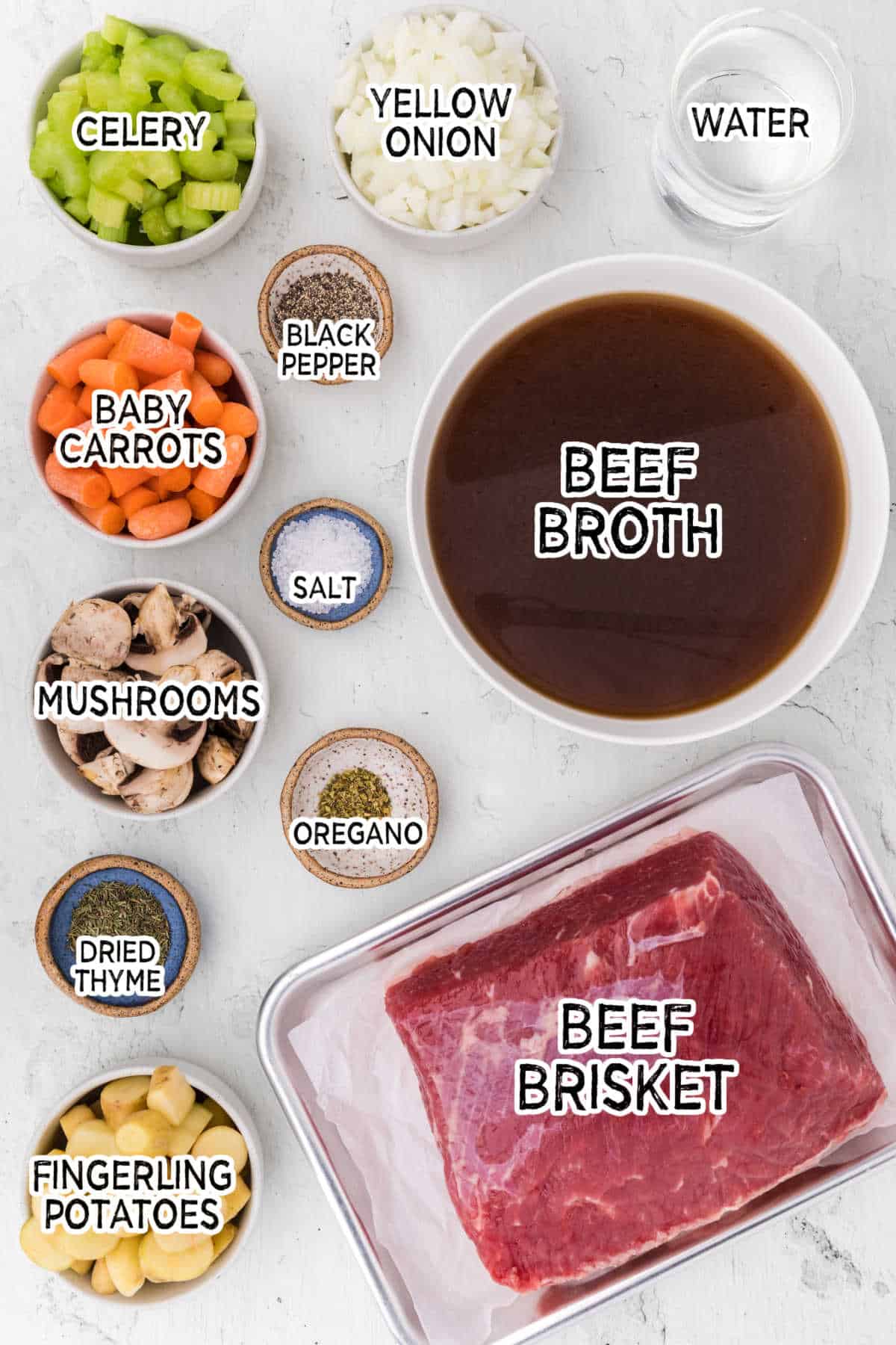 Beef brisket and vegetable soup ingredients.