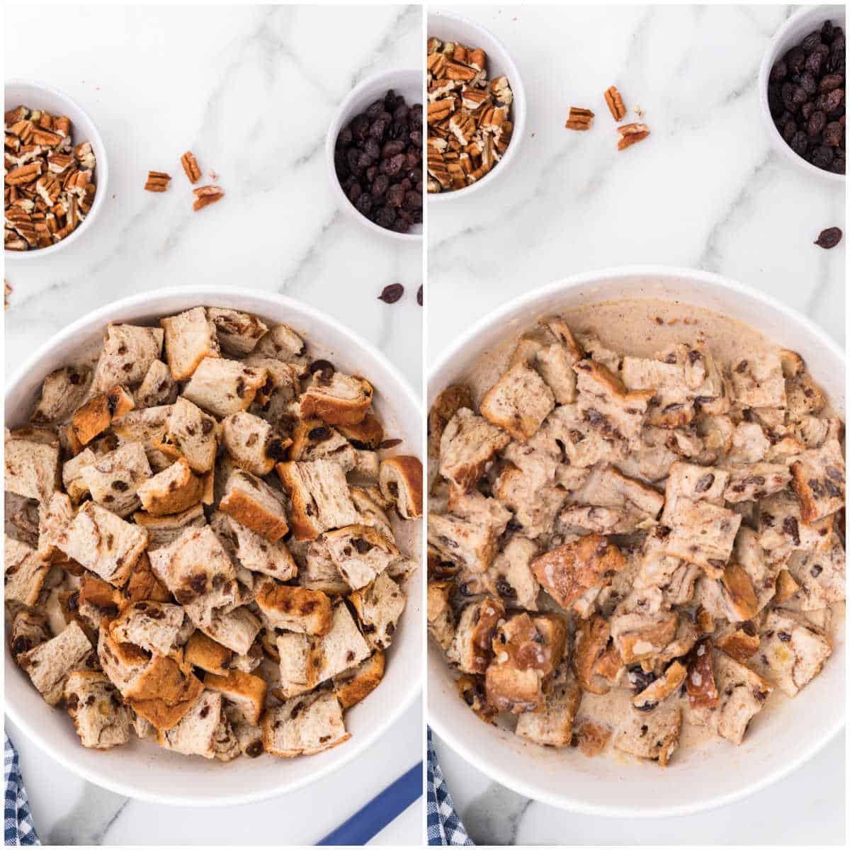 Steps to make slow cooker cinnamon raisin bread pudding.