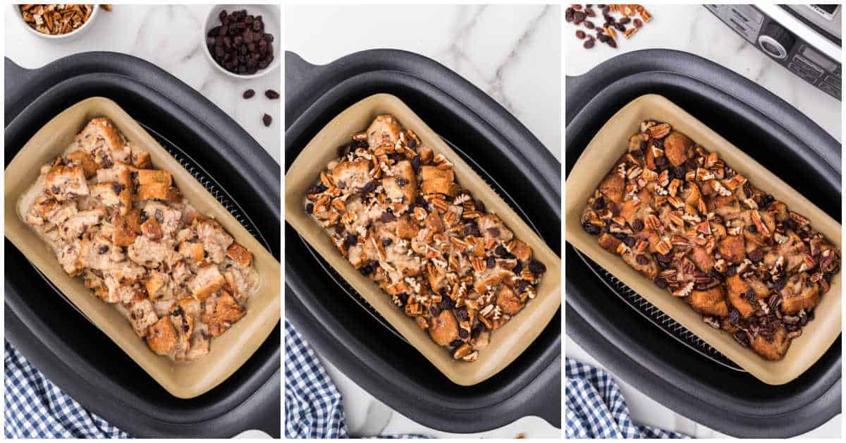 Steps to make slow cooker cinnamon raisin bread pudding.