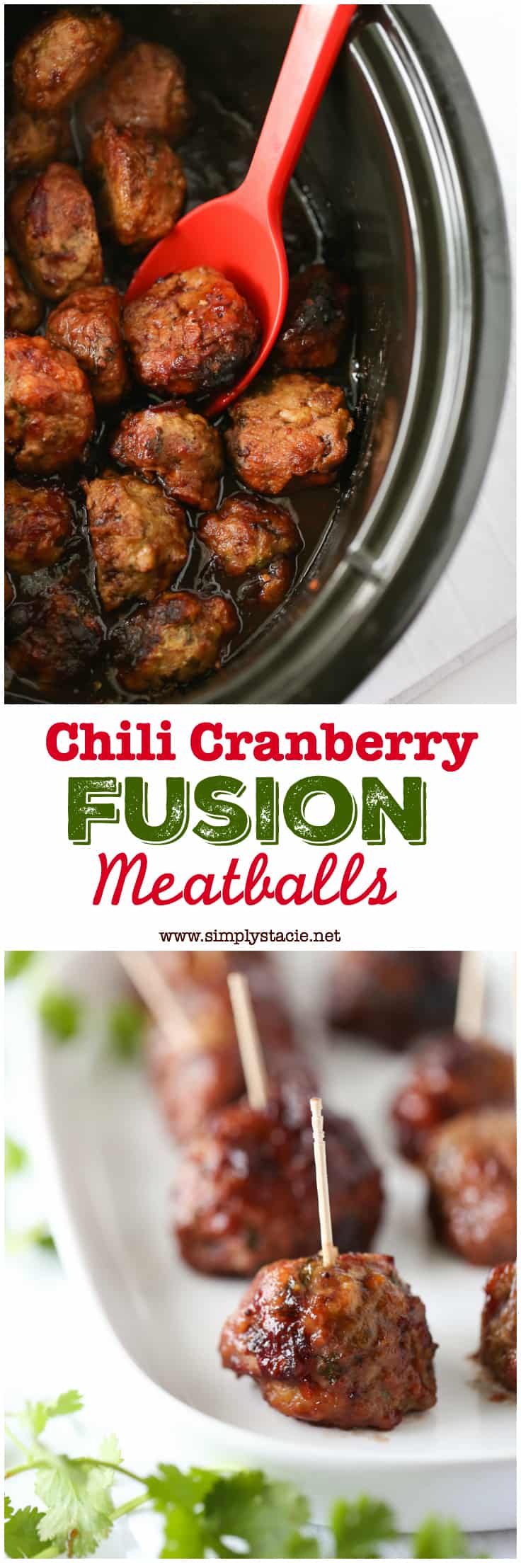 Chili Cranberry Fusion Meatballs - This easy slow cooker recipe is full of sweet heat! Made with ground chicken, Asian flavours plus cranberries! Yum. | simplystacie.net