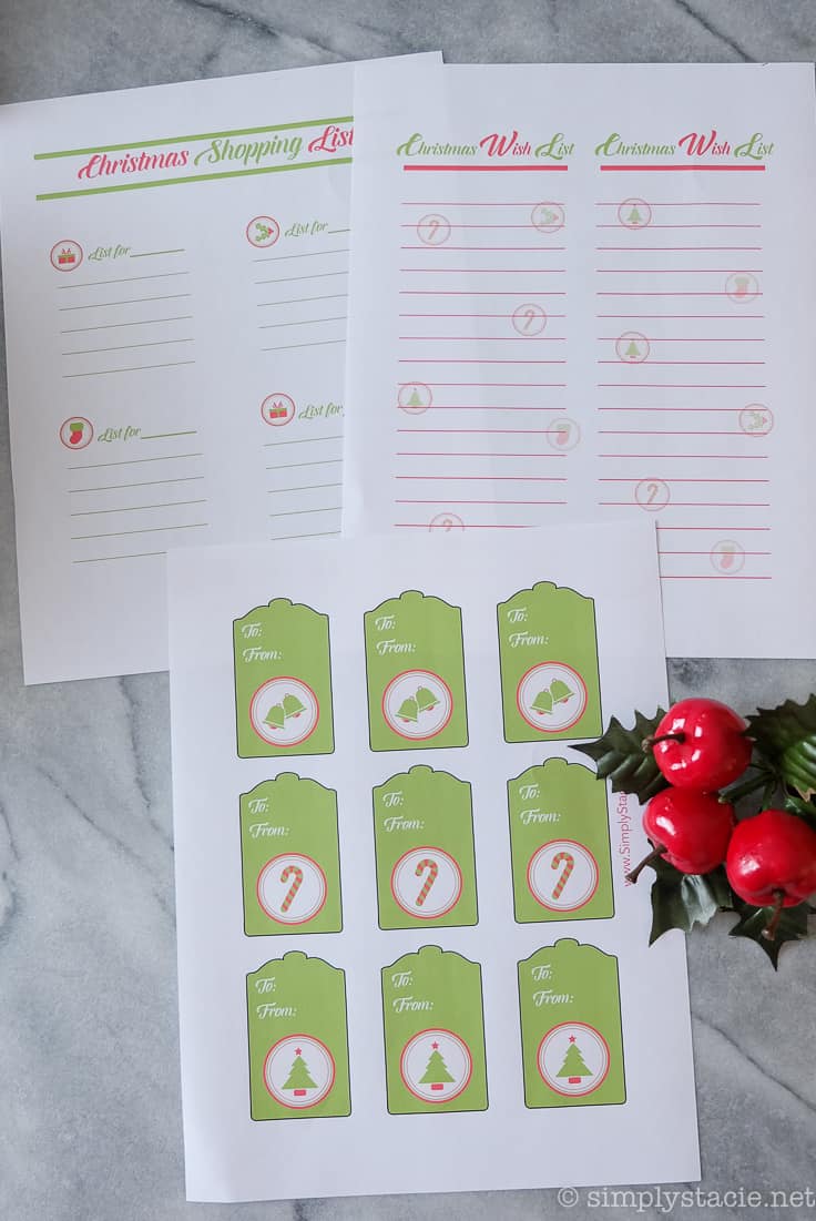 Free Christmas Printables - Get set for the holidays with these free Christmas printables! This set includes a festive wish list, shopping list and gift tags.