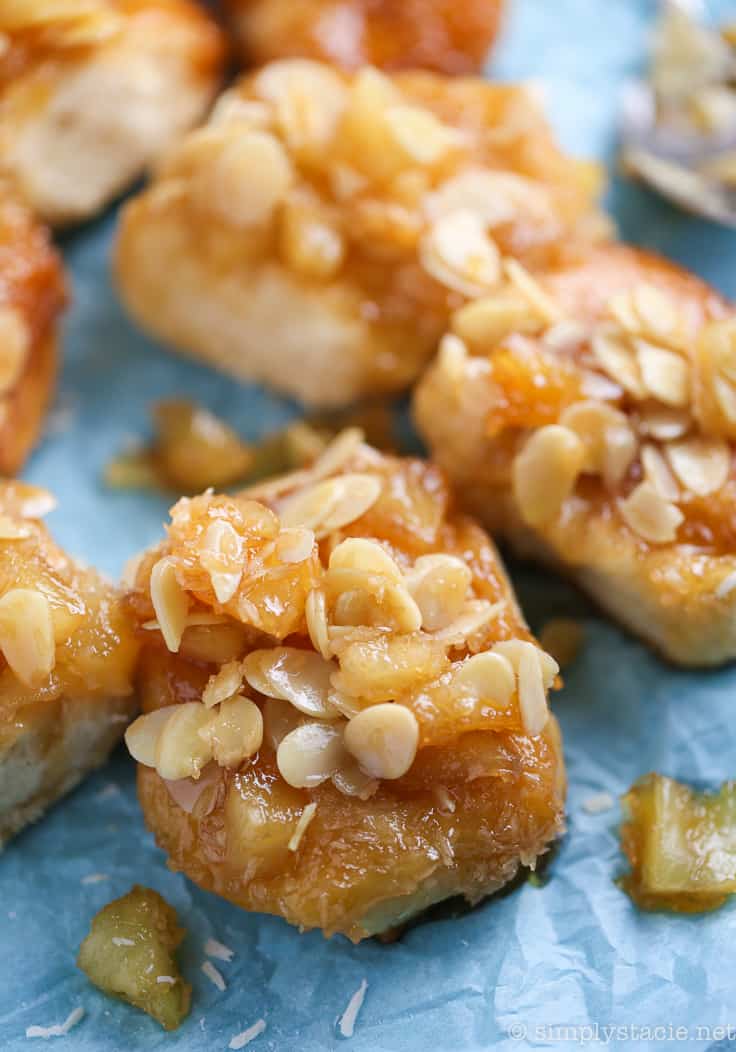 Pineapple Sticky Buns with Coconut Caramel - Take a tropical trip with these sticky buns! This easy treat is also quick — ready in half an hour!