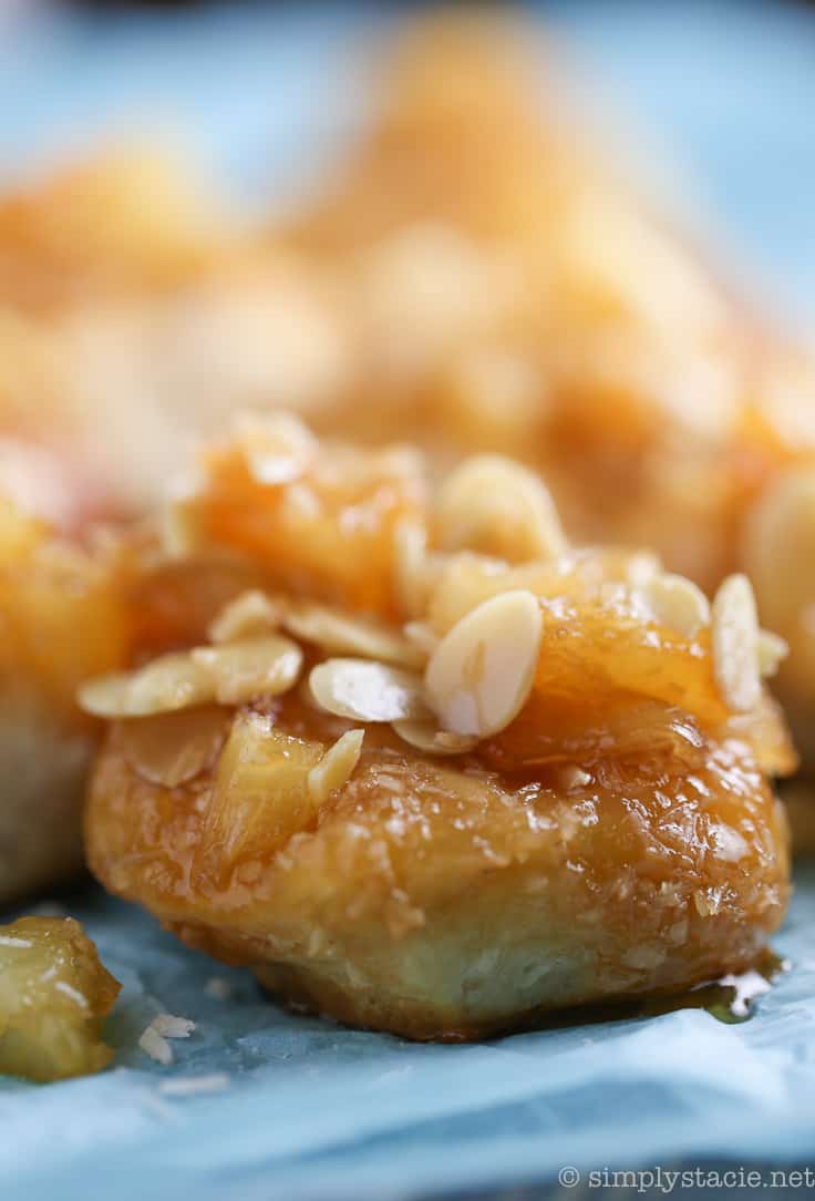Pineapple Sticky Buns with Coconut Caramel - Take a tropical trip with these sticky buns! This easy treat is also quick — ready in half an hour!