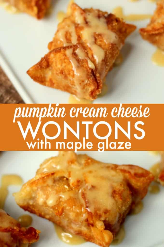 Pumpkin Cream Cheese Wontons with Maple Glaze - Amazing Asian-inspired dessert! Wontons packed with fall flavor and glazed in maple goodness are perfect for your next party.