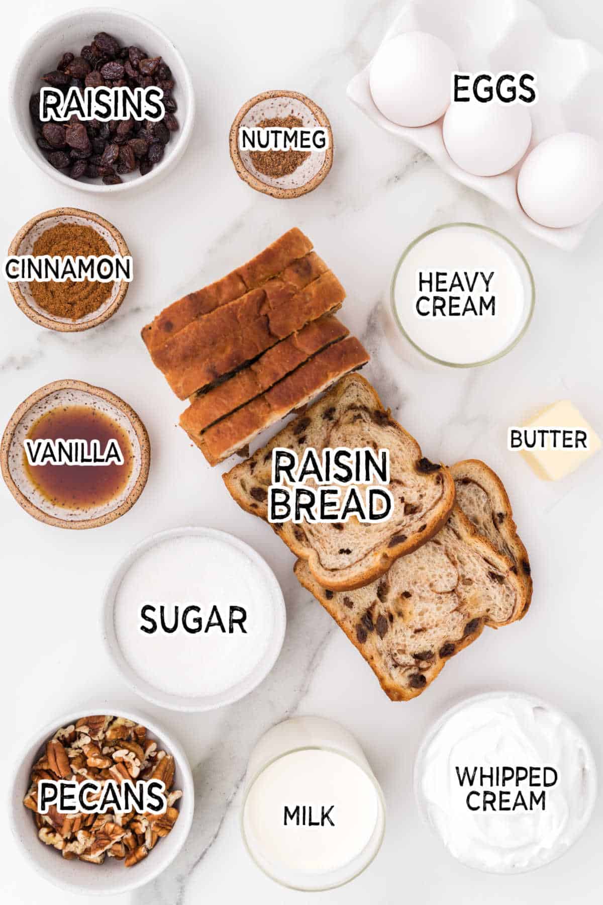 Cinnamon raisin bread pudding ingredients.