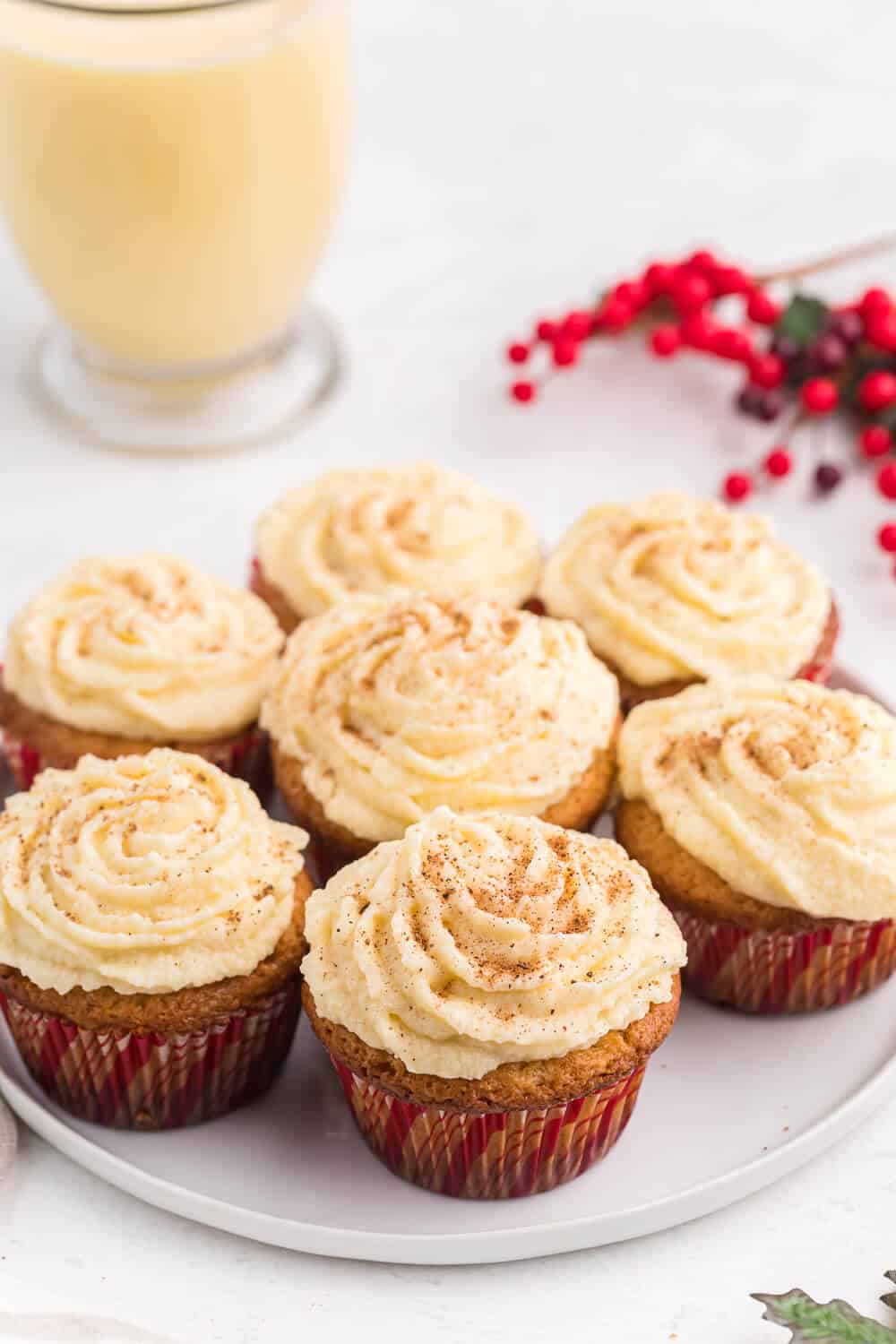 Eggnog cupcakes on a white plate