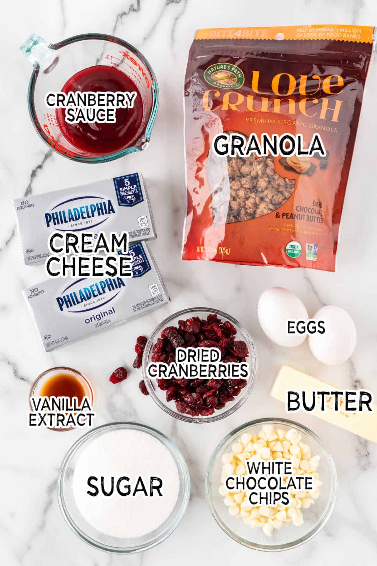 Ingredients to make cranberry white chocolate cheesecake.