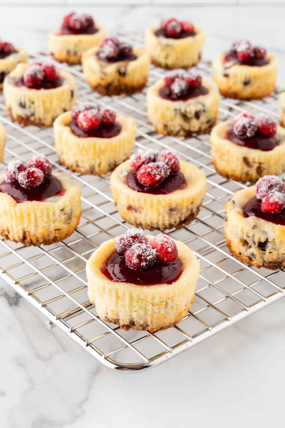 Cranberry White Chocolate Cheesecakes on a wire rack.