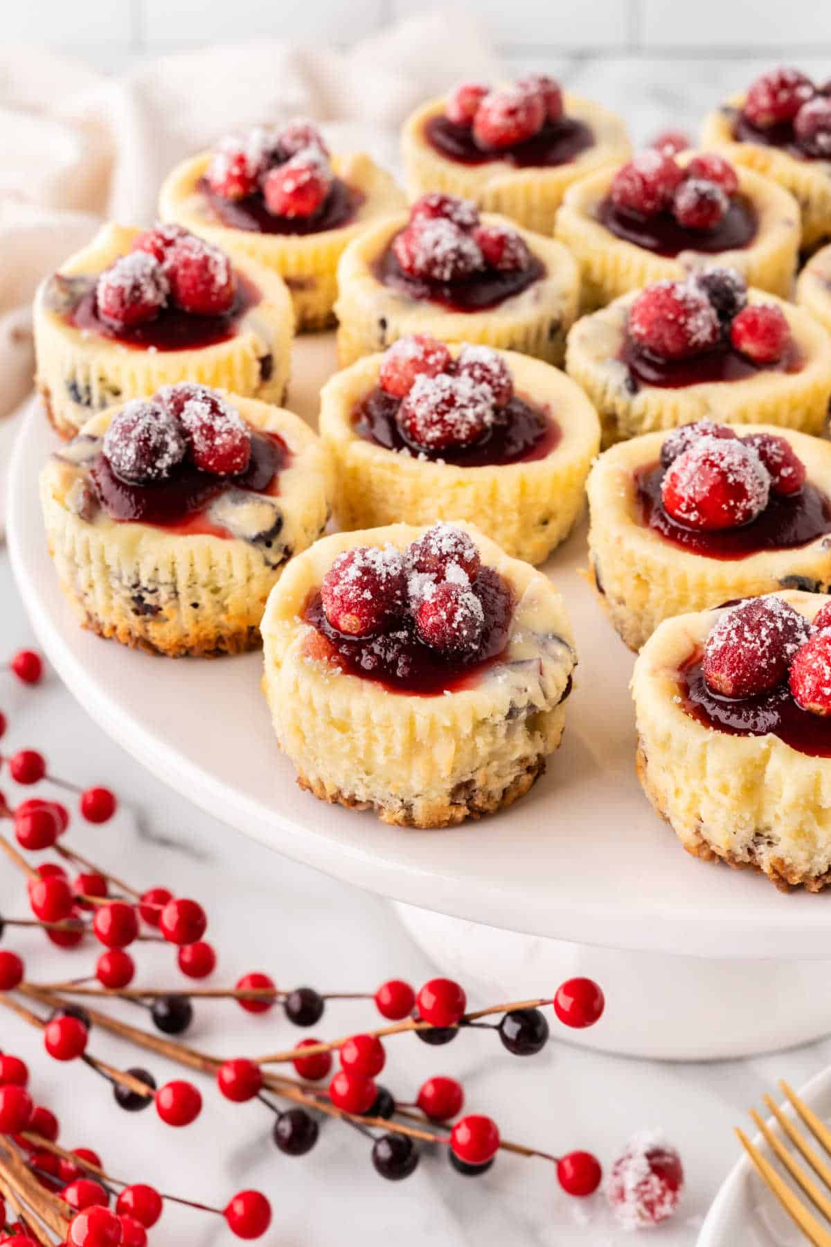 Cranberry white chocolate cheesecake on a platter.