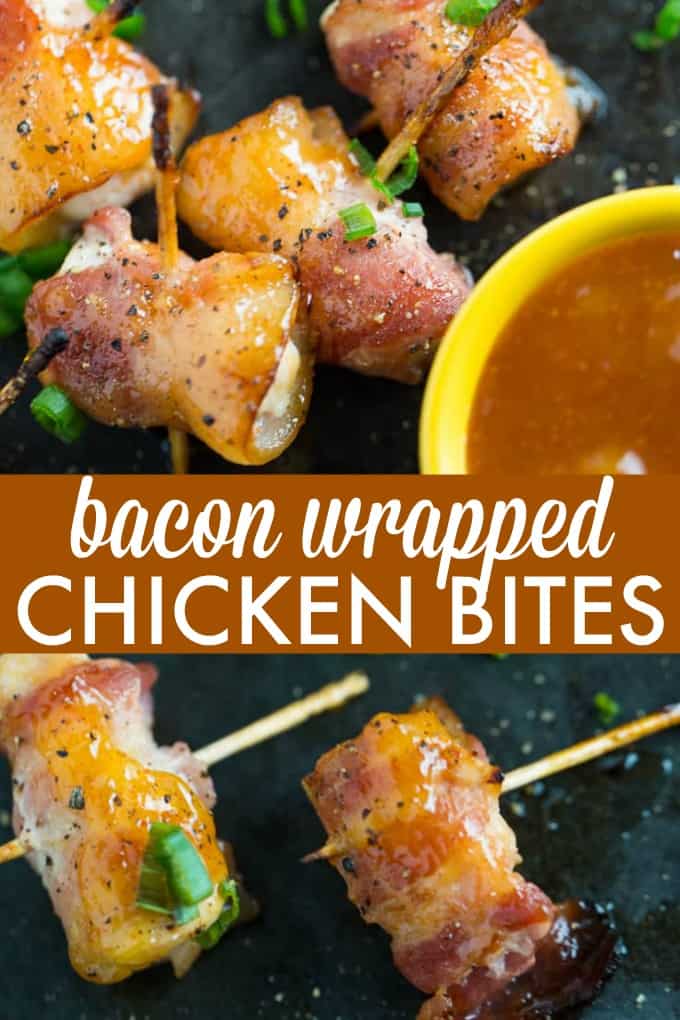 Bacon Wrapped Chicken Bites with Mango Chutney - A showstopping appetizer on a budget! Tender chicken wrapped in bacon and smothered in mango chutney for flavor on a stick.
