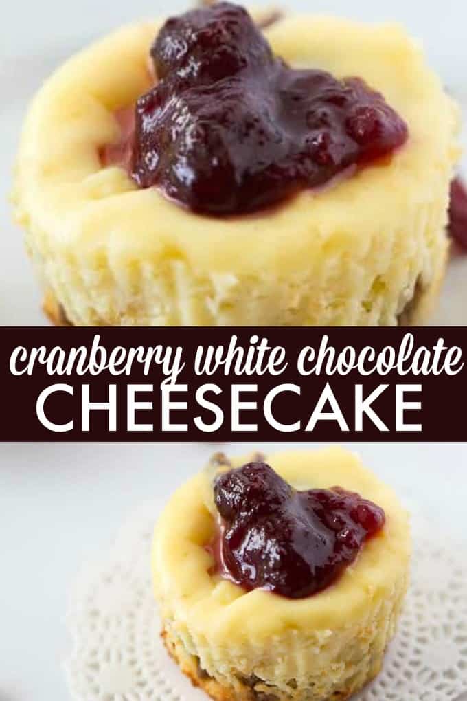 Cranberry White Chocolate Cheesecake - A festive dessert that's mini in size, but huge on flavour! Rich cheesecake filling packed with white chocolate chips and cranberries nestled on a chocolate granola crust.