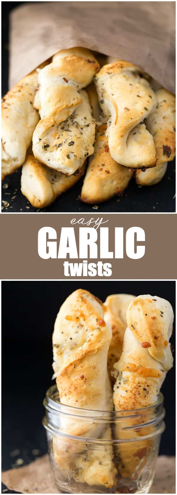 Easy Garlic Twists - The easiest garlic bread! Take those canned biscuits and make the best savory side dish with butter, Italian seasoning, Parmesan, and mozzarella.