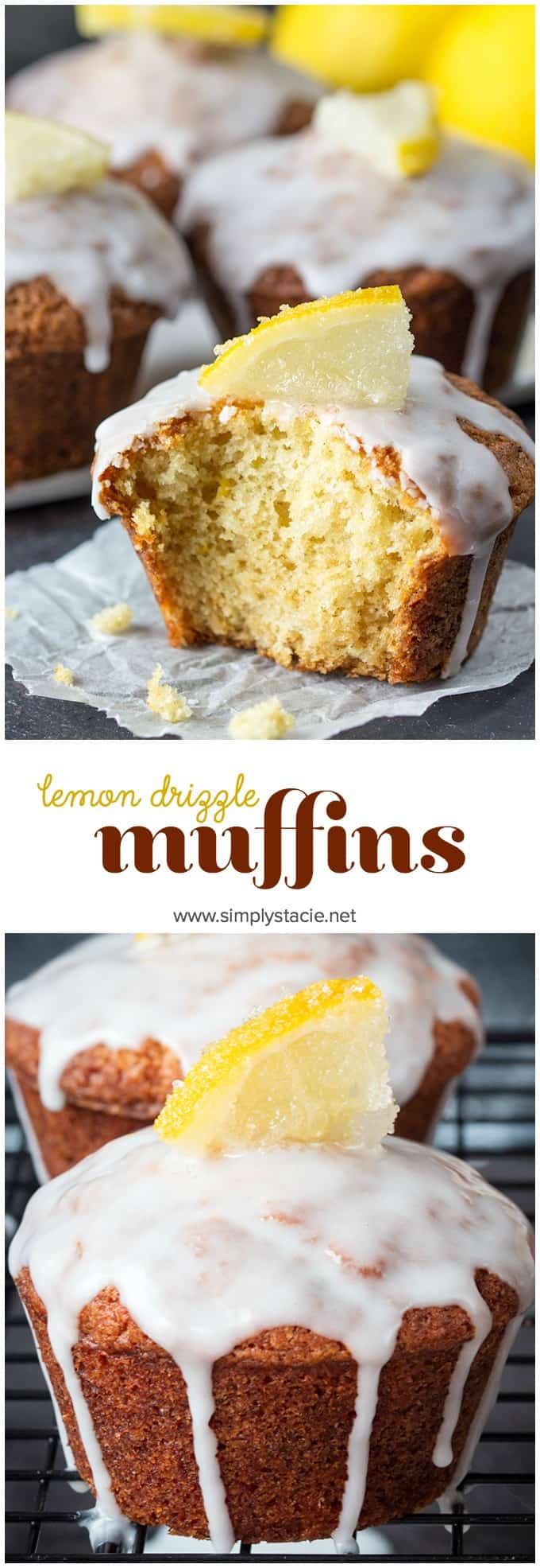 Lemon Drizzle Muffins - Zesty lemon muffins, topped with a lemon glaze and finished off with little slices of sugared lemons. Yum!
