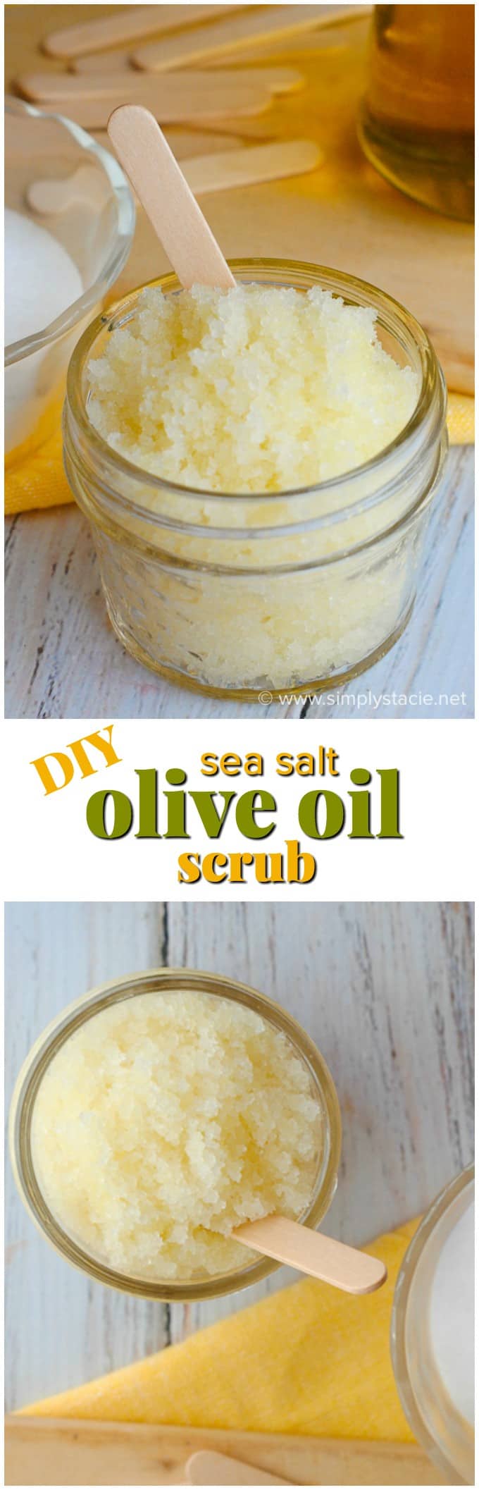 Sea Salt & Olive Oil Scrub - Your skin will feel glorious with this DIY scrub! It's easy to make with pantry ingredients and makes a great gift.