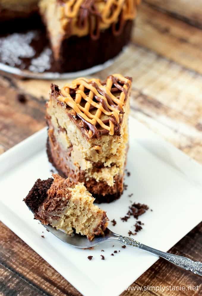 Slow Cooker Chocolate Peanut Butter Cheesecake - Great slow cooker dessert! Creamy cheesecake loaded with peanut butter and chocolate for one decadent dessert.