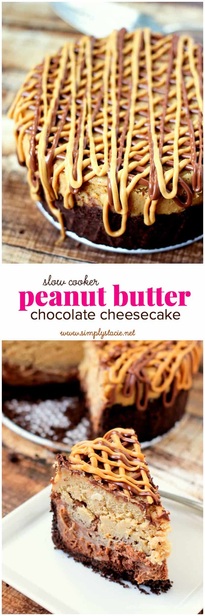 Slow Cooker Chocolate Peanut Butter Cheesecake - Great slow cooker dessert! Creamy cheesecake loaded with peanut butter and chocolate for one decadent dessert.