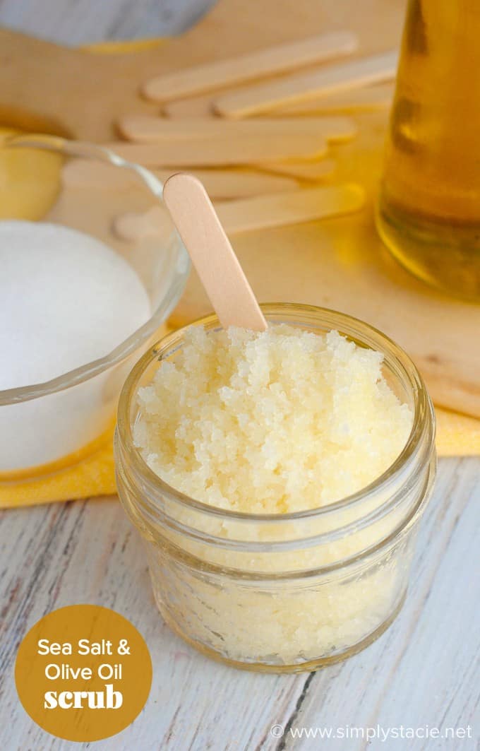 Sea Salt & Olive Oil Scrub - Your skin will feel glorious with this DIY scrub! It's easy to make with pantry ingredients and makes a great gift.
