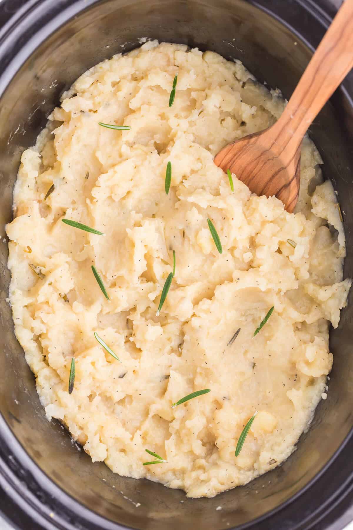 overhead of potatoes cooked in the slow cooker