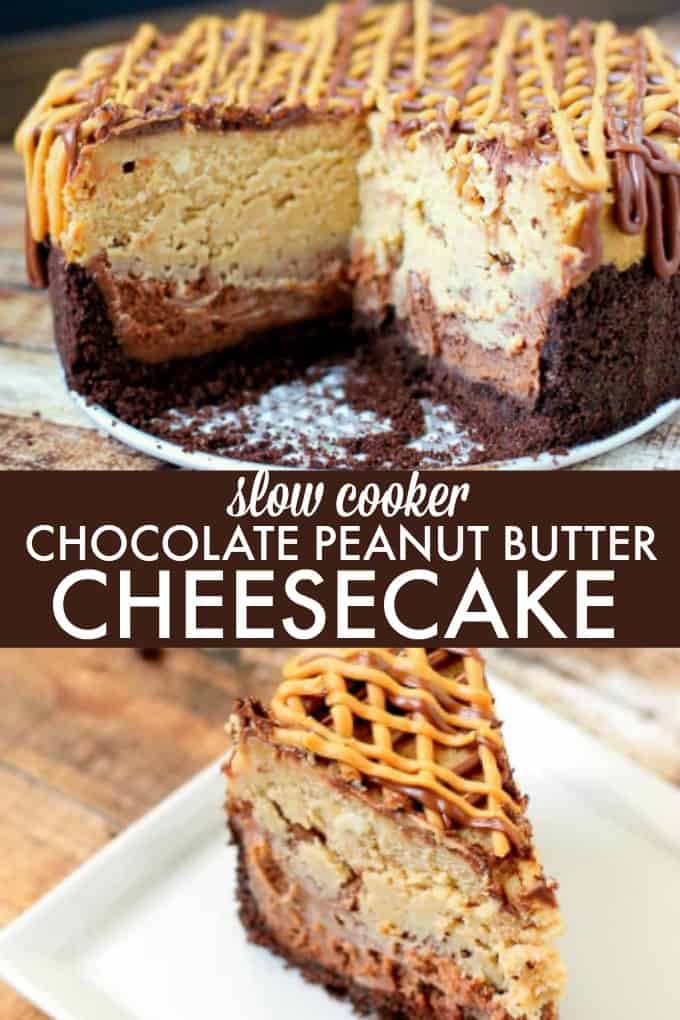 Slow Cooker Chocolate Peanut Butter Cheesecake - Great slow cooker dessert! Creamy cheesecake loaded with peanut butter and chocolate for one decadent dessert.