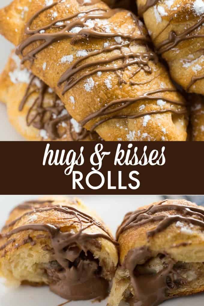 Hugs & Kisses Rolls - Imagine melted Hershey's Hugs and Hershey's Kisses tucked inside a warm crescent roll. Add a little powdered sugar and chocolate drizzle and you have yourself a heavenly treat! The perfect indulgence.