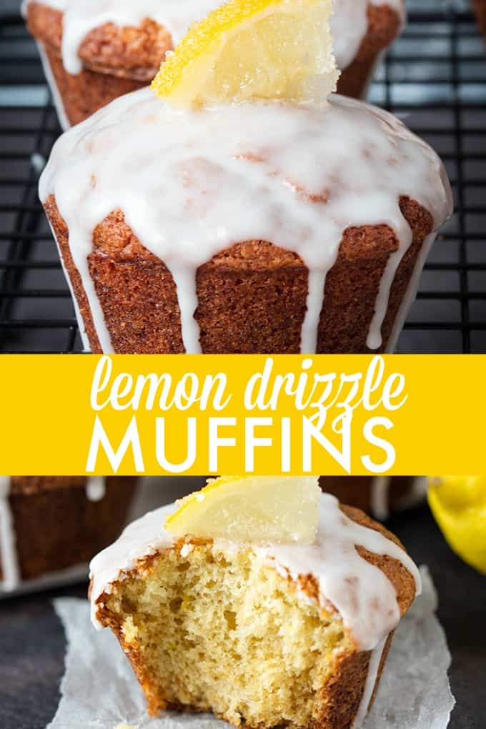 Lemon Drizzle Muffins - Zesty lemon muffins, topped with a lemon glaze and finished off with little slices of sugared lemons. Yum!