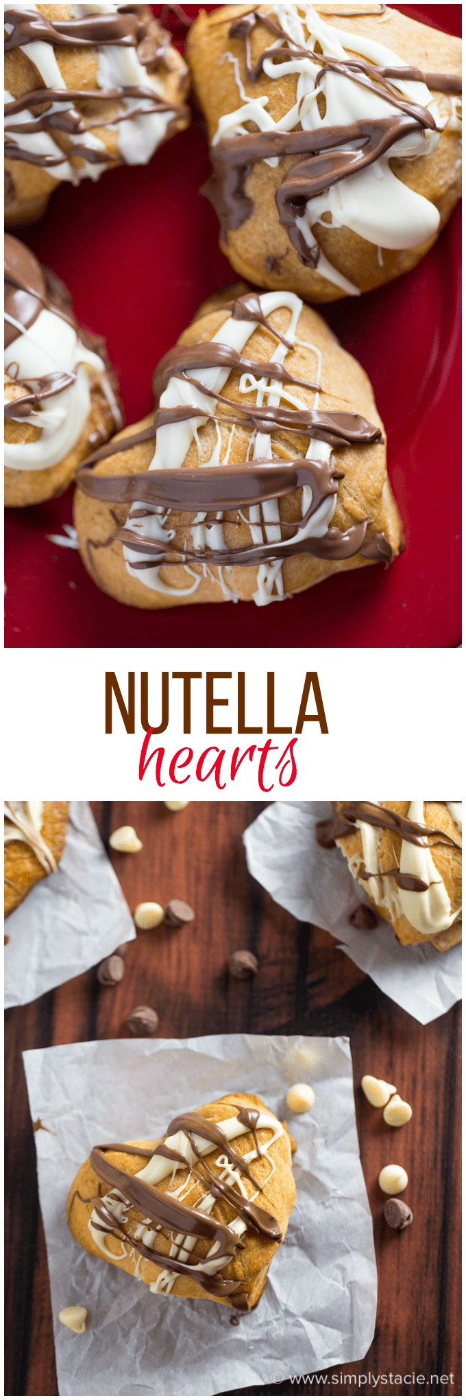 Nutella Hearts - Smooth, creamy Nutella nestled inside a buttery heart-shaped croissant with drizzled milk and white chocolate on top. This Valentine's Day dessert is sublime!