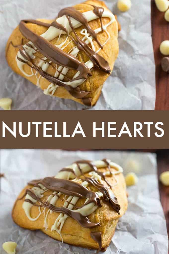 Nutella Hearts - Smooth, creamy Nutella nestled inside a buttery heart-shaped croissant with drizzled milk and white chocolate on top. This Valentine's Day dessert is sublime!