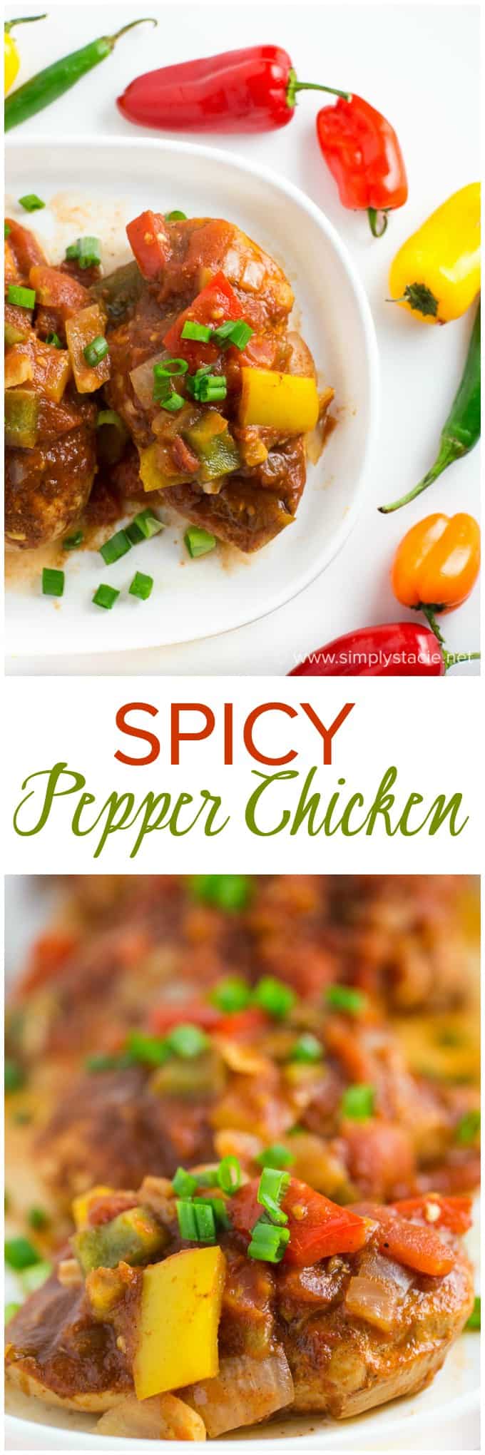 Spicy Pepper Chicken - Add some heat to your plate tonight! This healthy baked chicken dish is covered in 4 types of peppers for some serious spice.