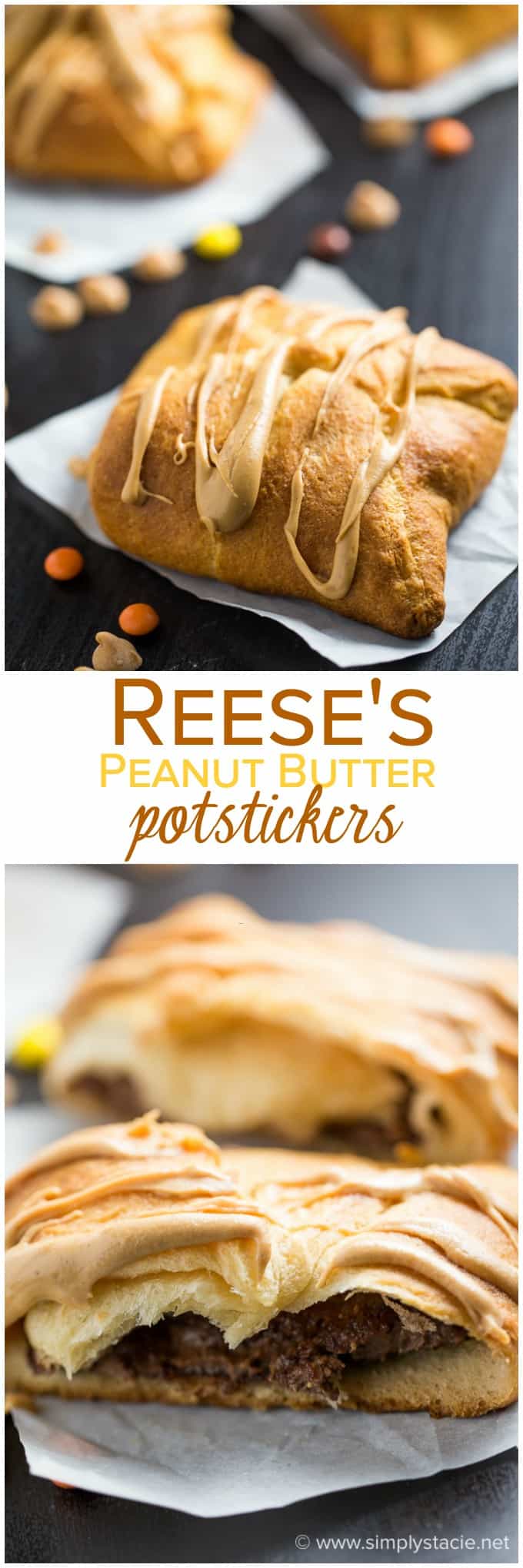 Reese's Peanut Butter Potstickers - Buttery parcels filled with rich and sweet Reese's Peanut Butter Chocolate spread and topped with melted peanut butter chips. This dessert recipe is decadent and delicious!