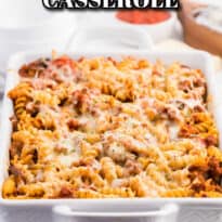 Meatzza Casserole - This crowd pleasing casserole recipe is packed with four kinds of meat, pizza sauce, veggies and oohey gooey cheese!