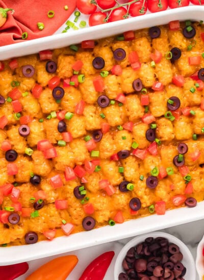 The casserole surrounded by ingredients.
