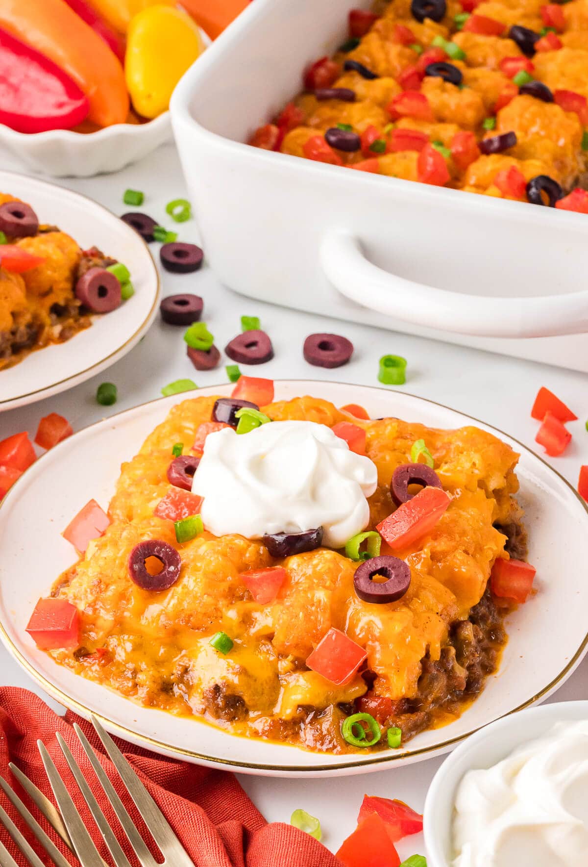 A slice of the casserole on a plate.