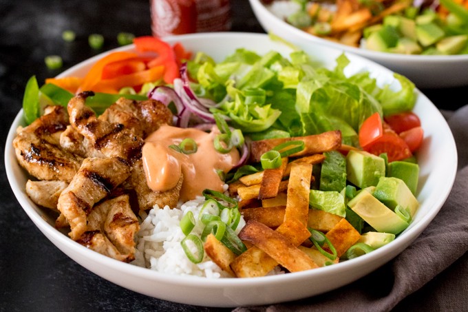 Tex Mex Lunch Bowl on a dark surface.