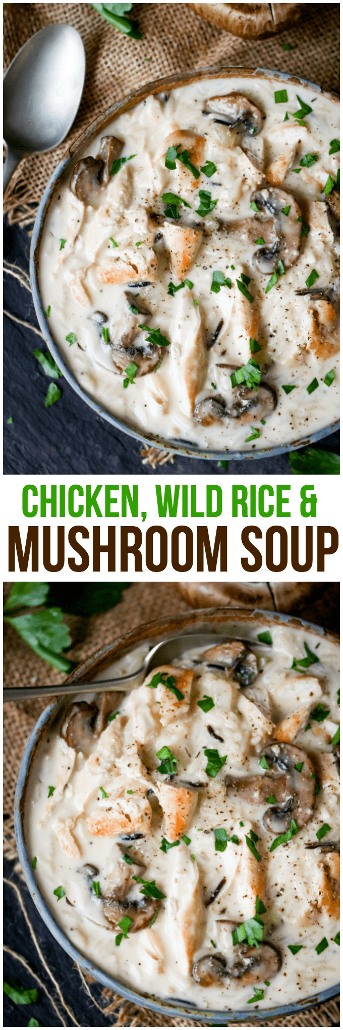 Chicken, Wild Rice & Mushroom Soup - The most comforting creamy soup ever! Savory mushrooms are the perfect veggie for this rich wild rice soup with succulent chicken.