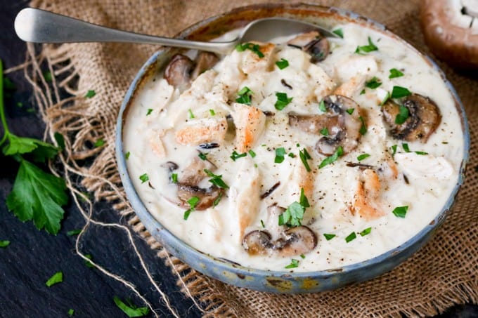 Chicken, Wild Rice & Mushroom Soup - The most comforting creamy soup ever! Savory mushrooms are the perfect veggie for this rich wild rice soup with succulent chicken.