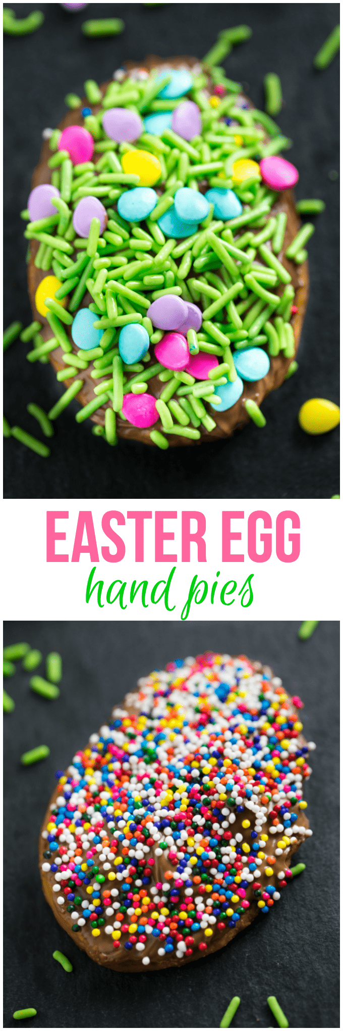 Easter Egg Hand Pies - Super easy Easter dessert made with refrigerated pie crust, melted chocolate and sprinkles! A fun Easter recipe for the kids to make.