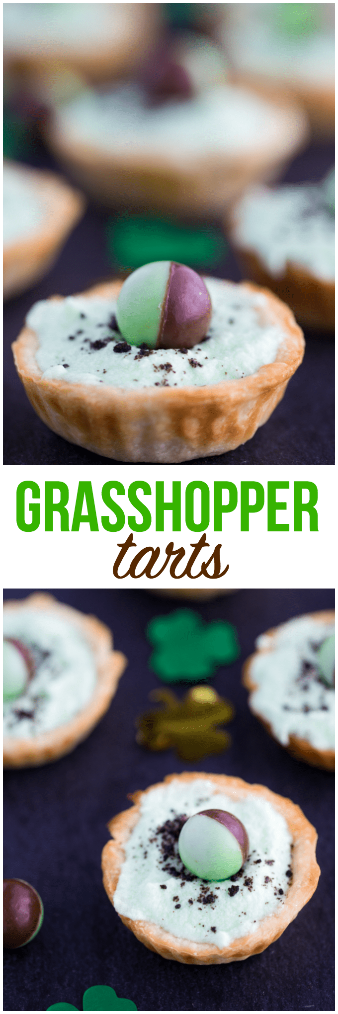 Grasshopper Tarts - Made for mint chocolate chip lovers! These adorable, minty mini tarts are perfect for St. Patrick's Day or a birthday.