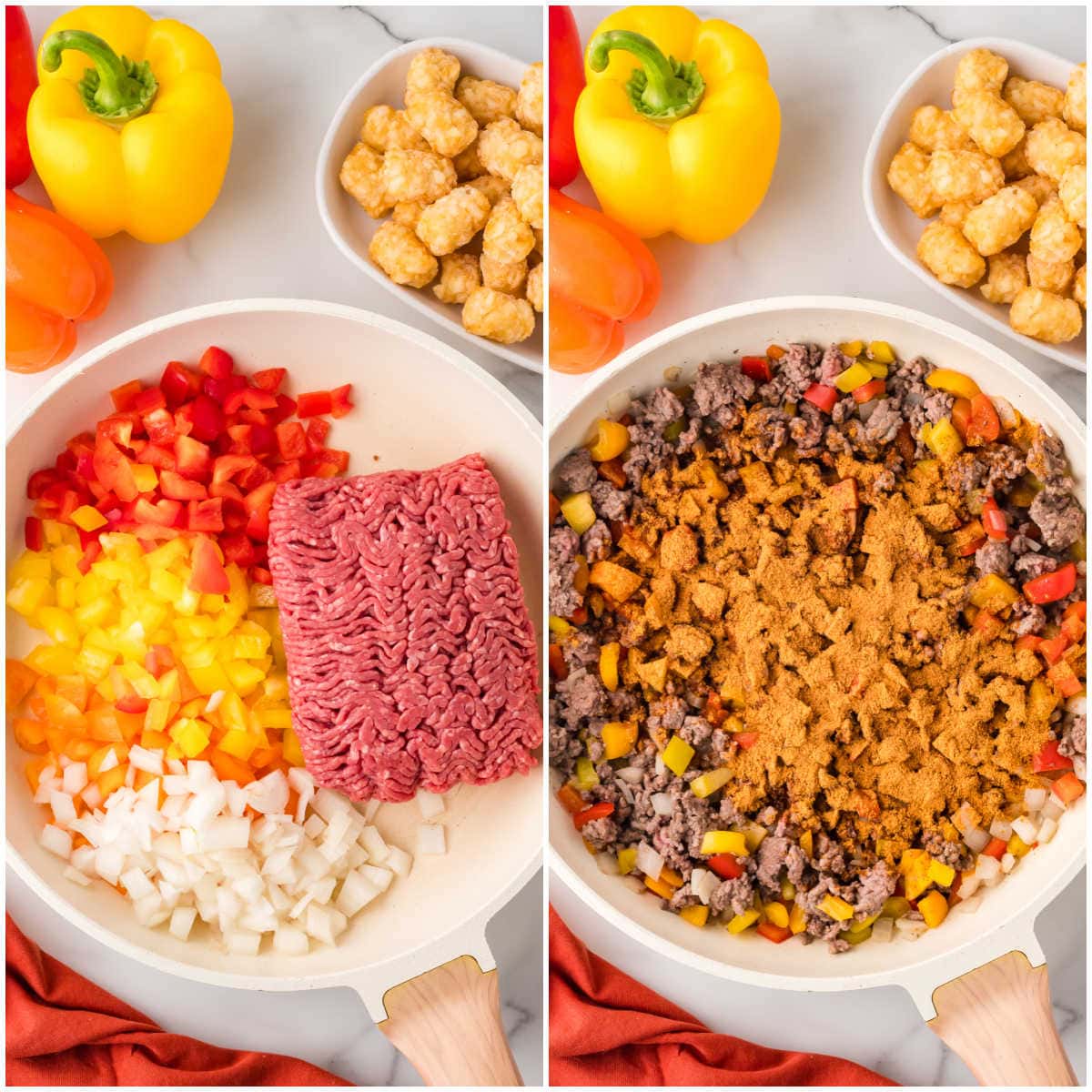 Collage of cooking the beef with the veggies and spices.