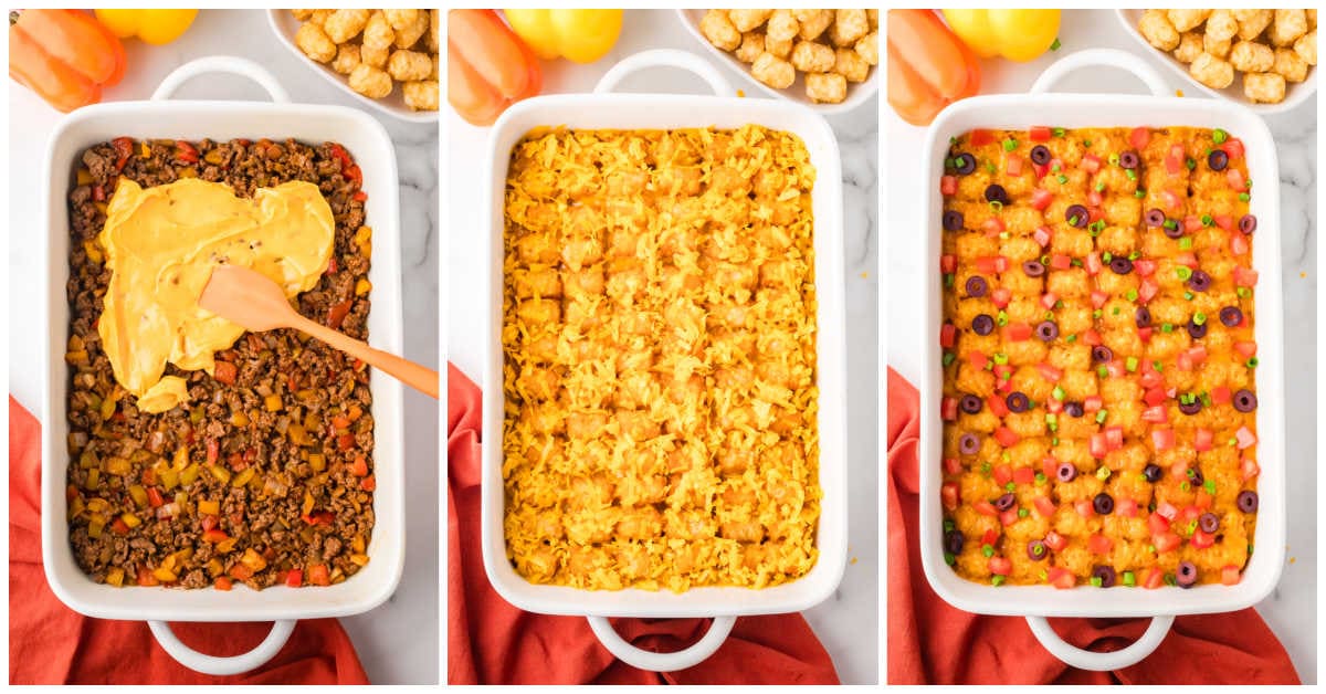 Collage of assembling the casserole.