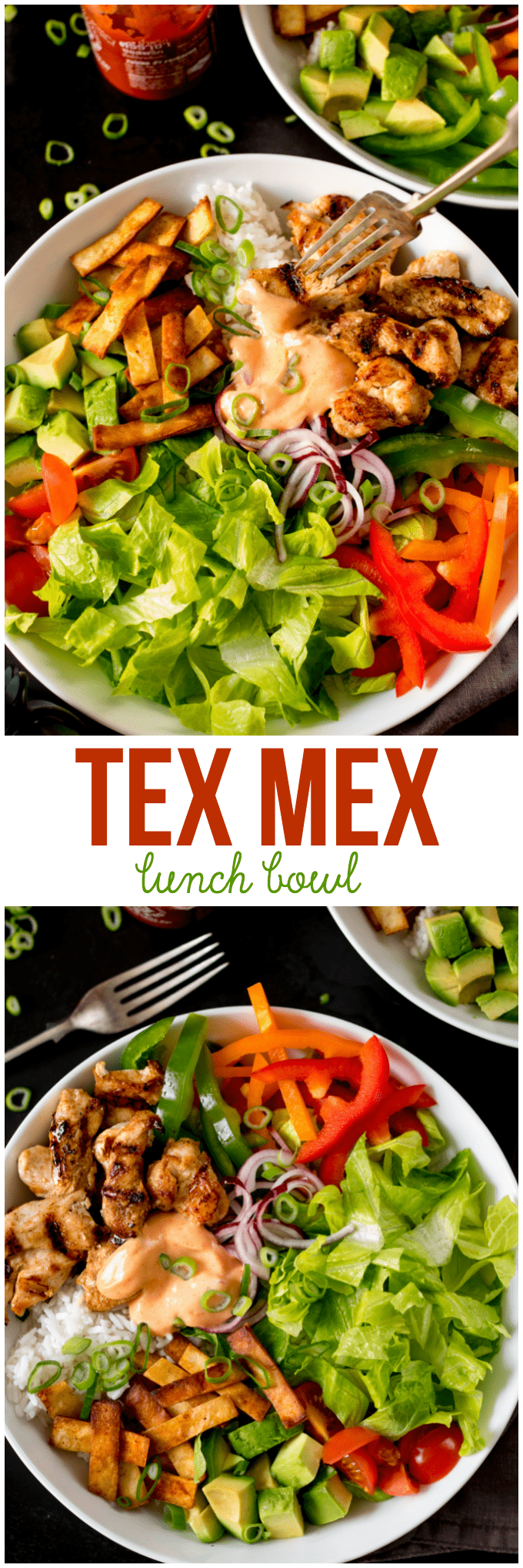 Tex Mex Lunch Bowl Recipe - A great, simple meal prep! Put your favorite burrito toppings over rice with this juicy, marinaded chicken and creamy chili sauce.