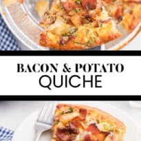 Bacon and Potato Quiche - Perfect for a St. Patrick's day brunch! A creamy, cheesy filling packed with hearty potatoes, bacon and fresh herbs.