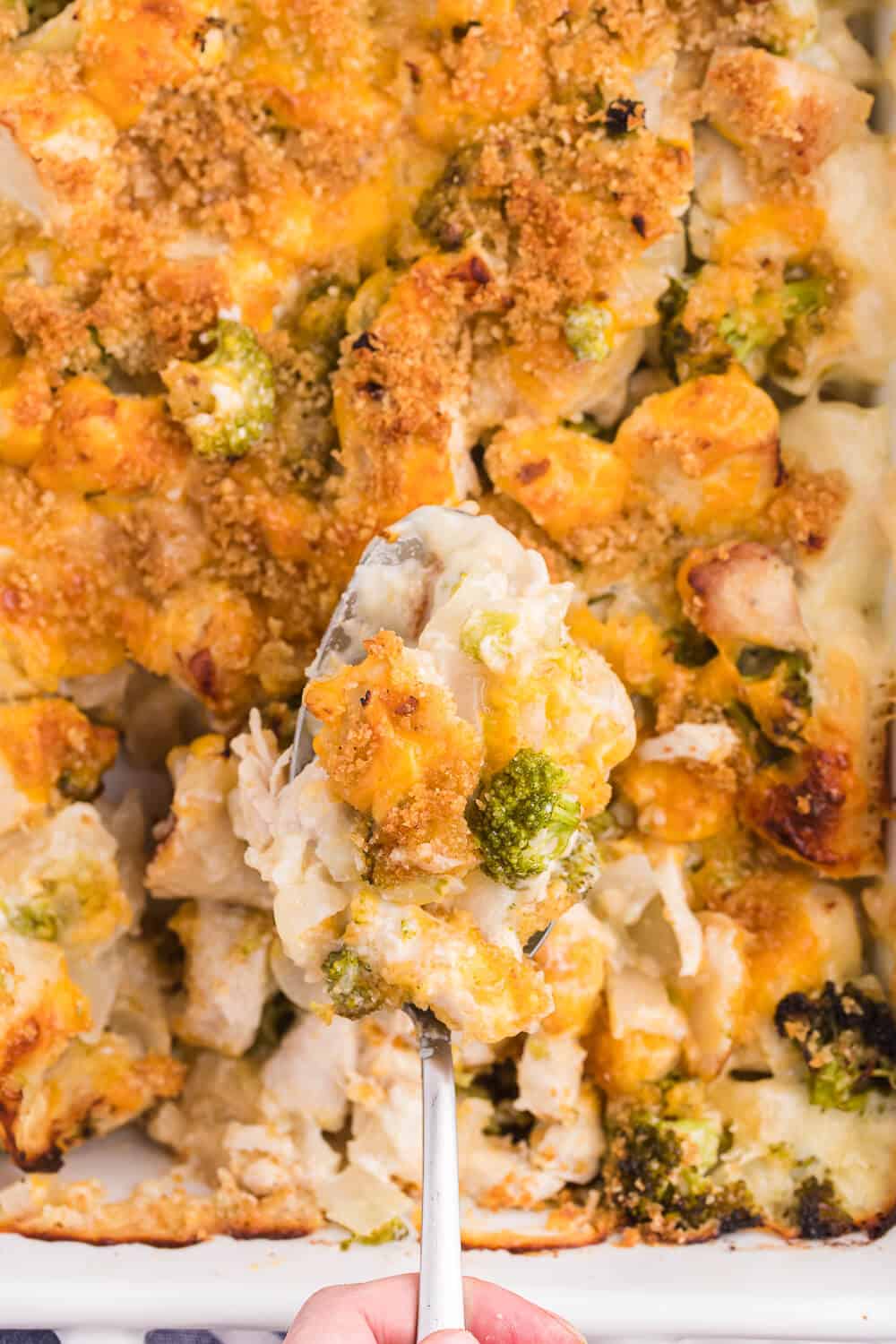 Chicken broccoli biscuit bake served on a spoon.