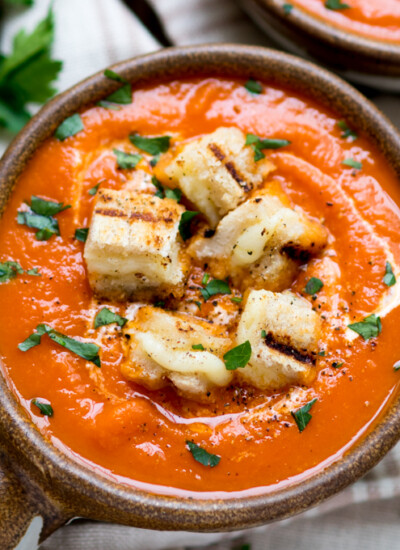 Creamy Tomato Soup with Cheese Toast Croutons