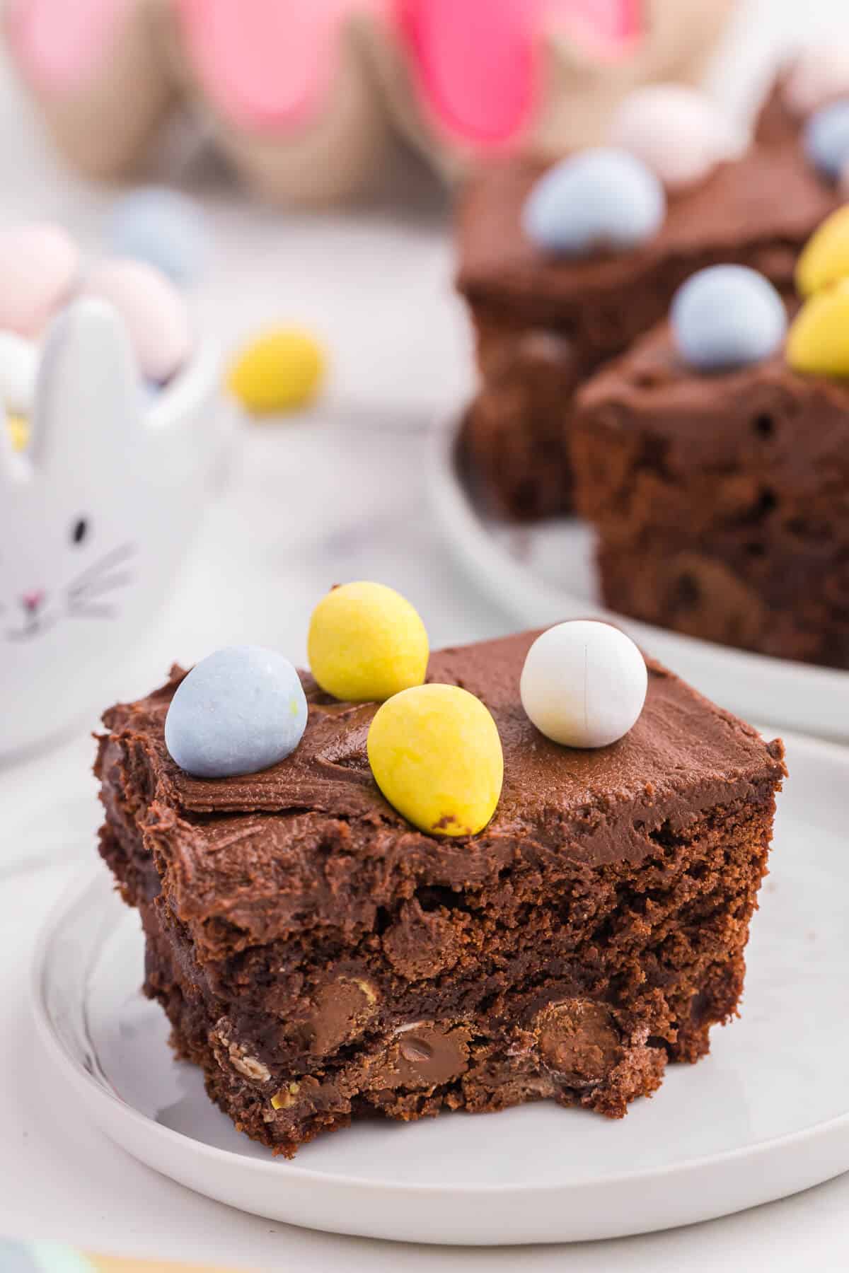 A Easter Mini Egg Brownie on a plate.