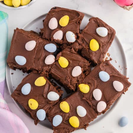 A plate of Easter Mini Egg Brownies.